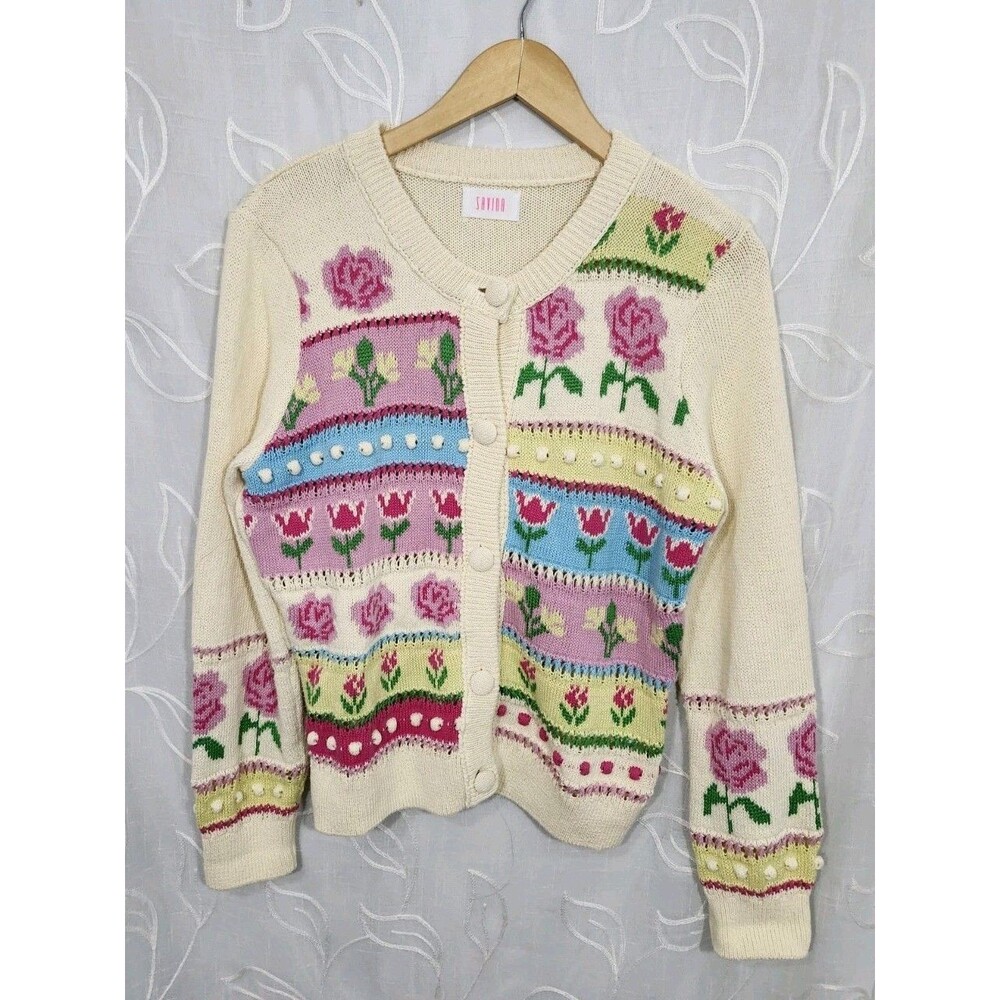 Savida Womens Large Floral Knit Cardigan Sweater Cottagecore Romantic Button